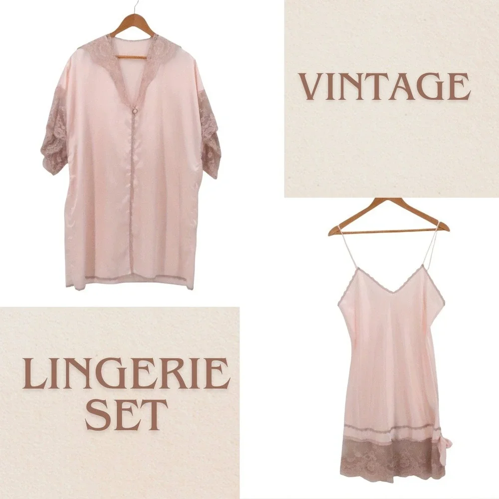 Colesce Couture Vintage 90s Lingerie Set Womens Size L Pink Lace Satin Romantic - Picture 1 of 16